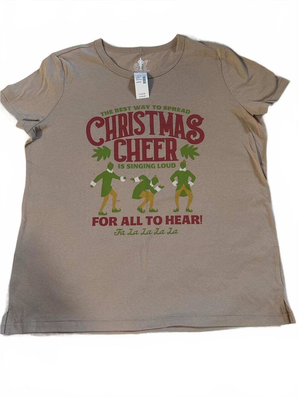 Elf Christmas Cheer Graphic T-Shirt Large Beige Cotton Holiday Tee